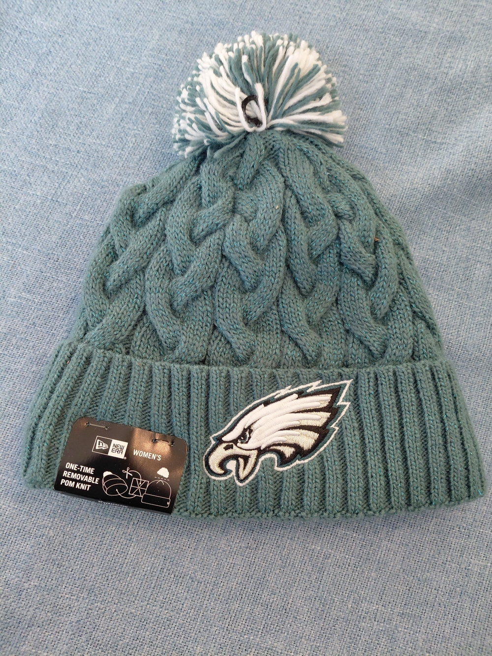NFL EAGLES Women's Teal and White Pom Pom Cable Knit Beanie